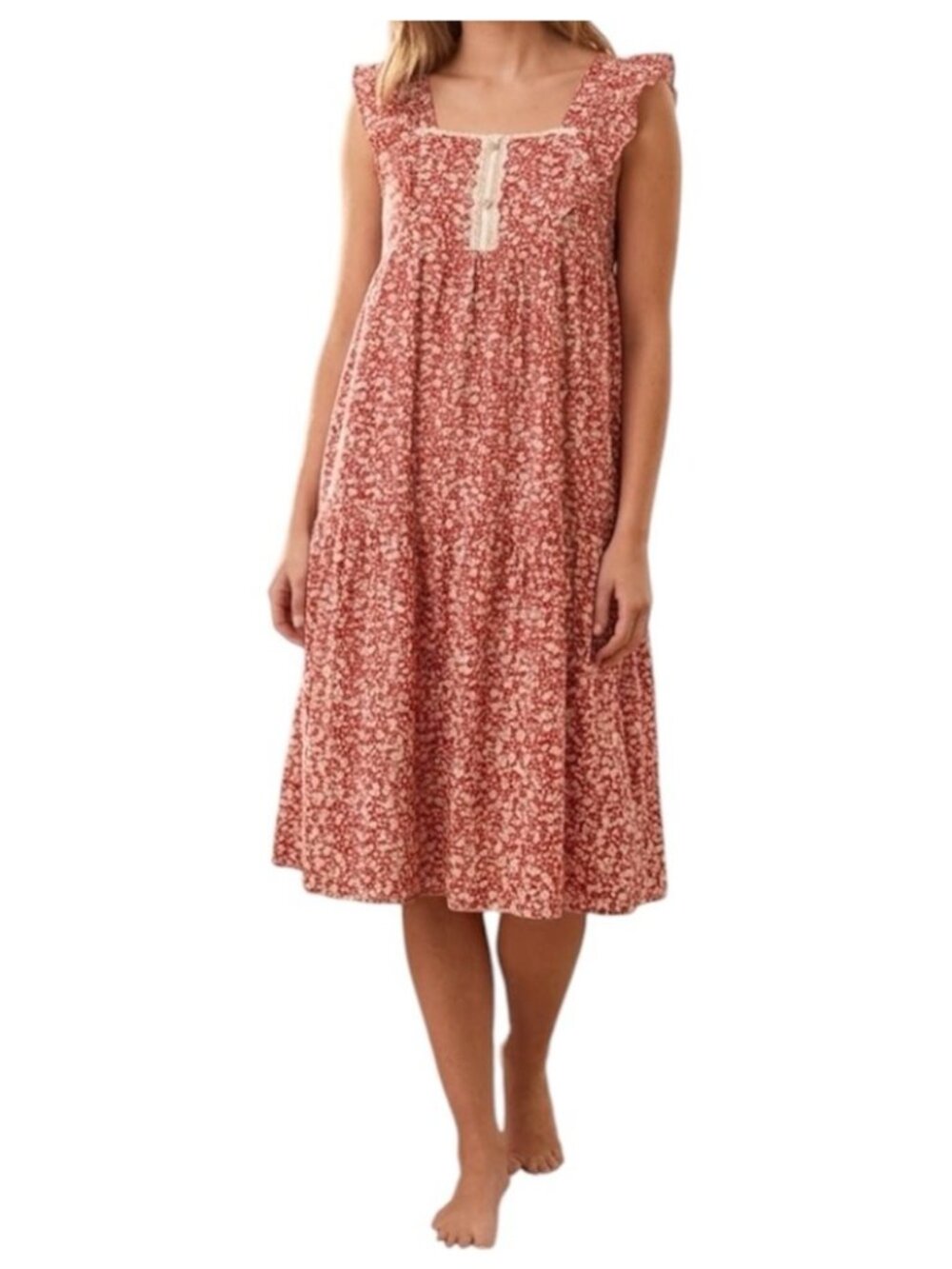 Ullala Red Floral Cottagecore Southern Pullover Sleeveless Nightgown Size Free